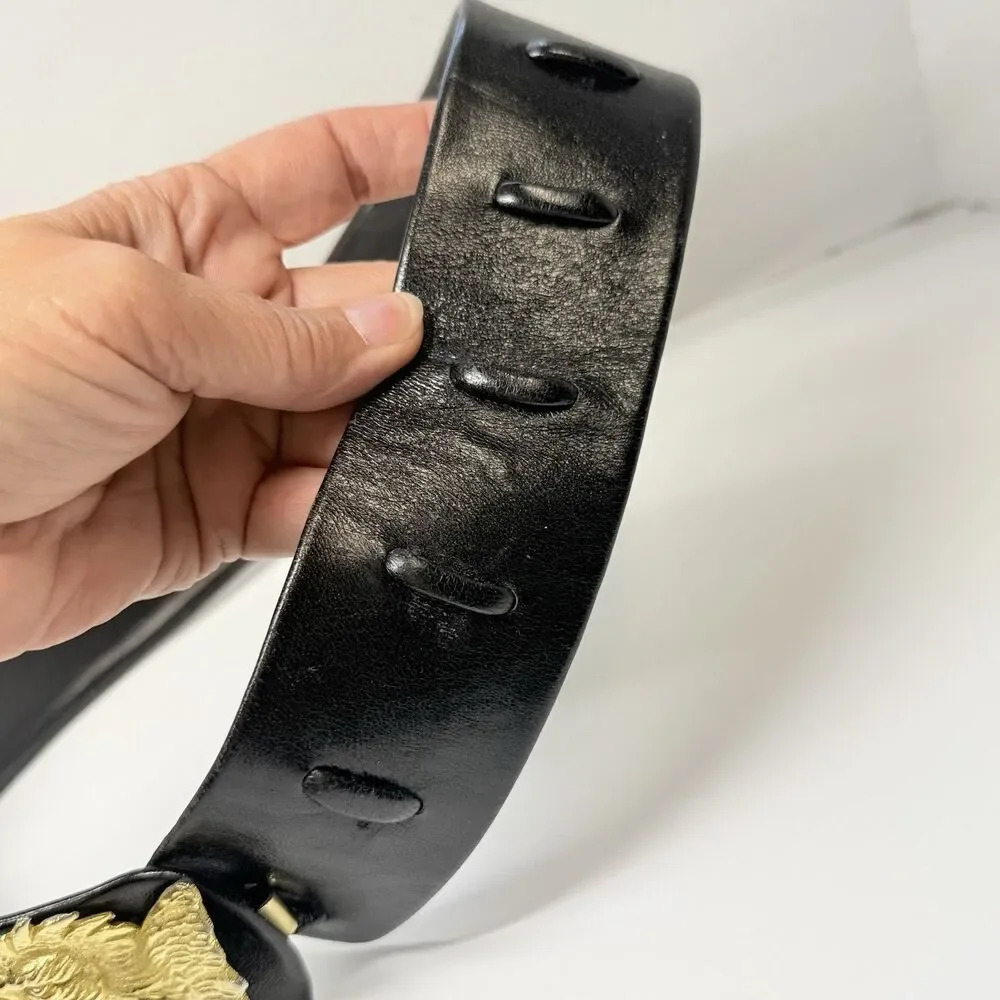 Vintage Hand Made In Italy Gold Metal Rooster Head Buckle On Black Leather Belt